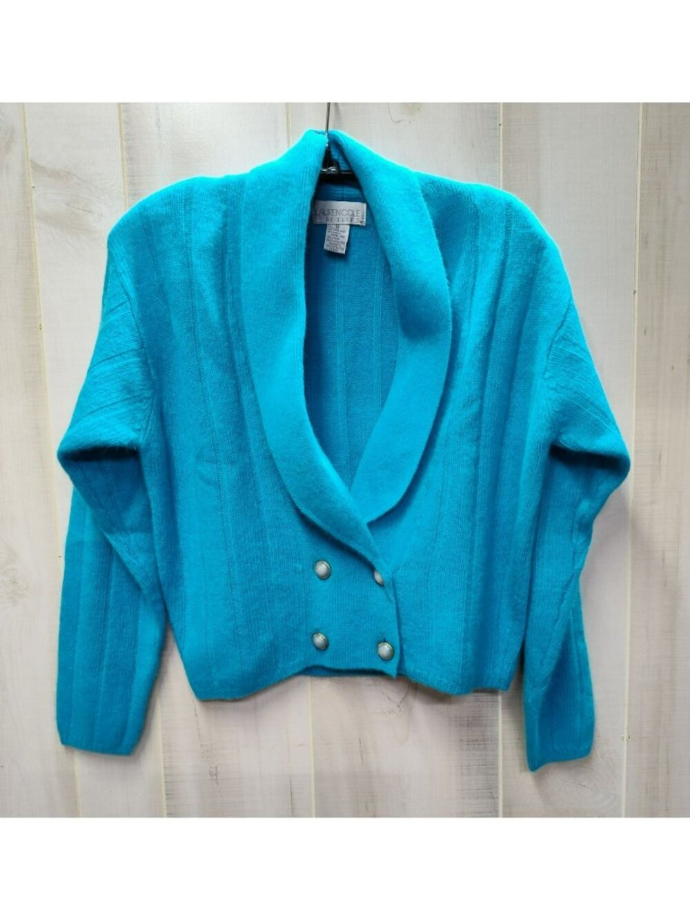 Vtg Lauren Cole Blue Cardigan Sweater Lambswool Angora Shawl Collar Cropped Sz M